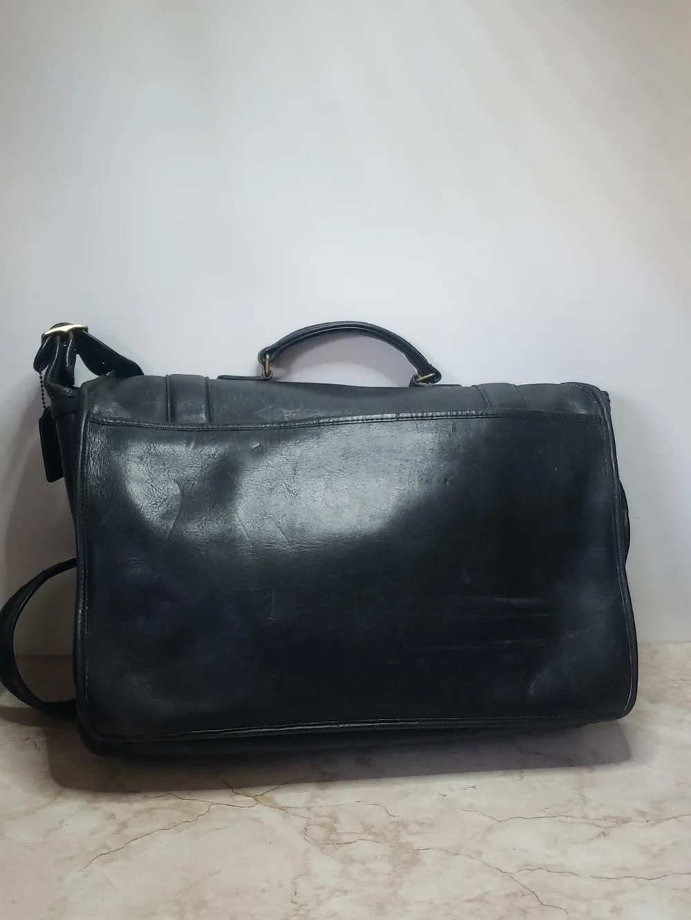 Coach Classic Black Leather Messenger Bag with Shoulder Strap